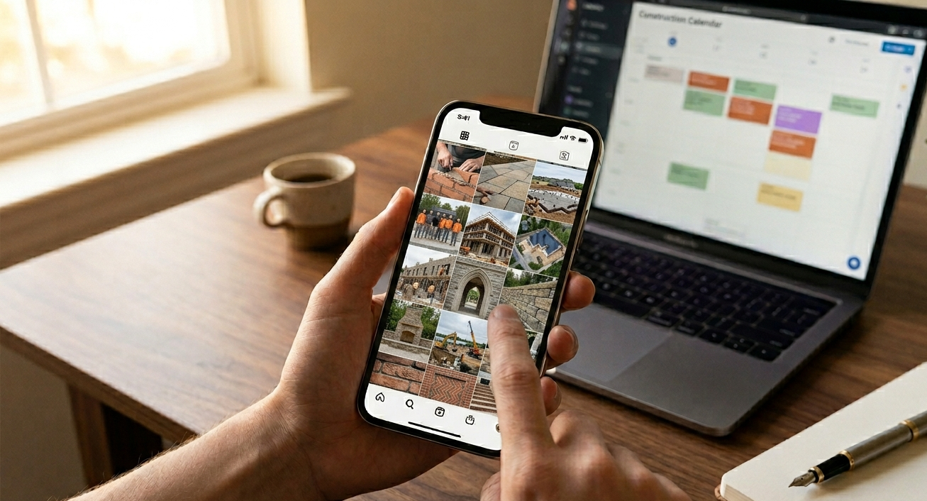 Téléphone affichant un feed Instagram curé, MacBook avec planning éditorial — Norvio